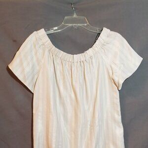 H&M OFF SHOULDER TOP. CREAM & VERTICAL BLACK STITCHING. SIZE 4.